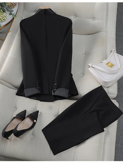 Autumn New Women's Pants Suit 2 Piece Clothing Set Elegant Chic Color Block Blazer Jacket and Trousers Sets Red Formal Work