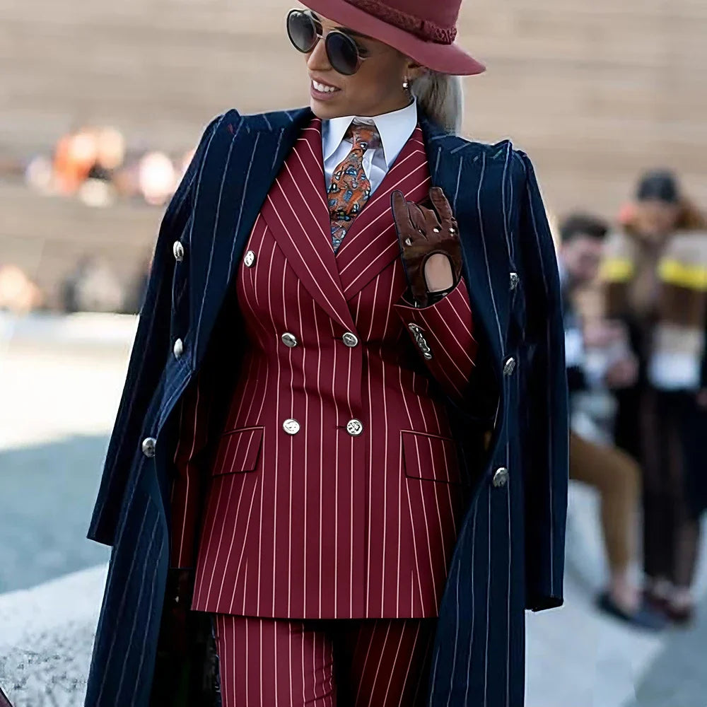 Formal Women's Burgundy Pinstripe Suit with Navy Blue Striped Coat Double Breasted 3Piece Set Elegant Evening Party Outerwears
