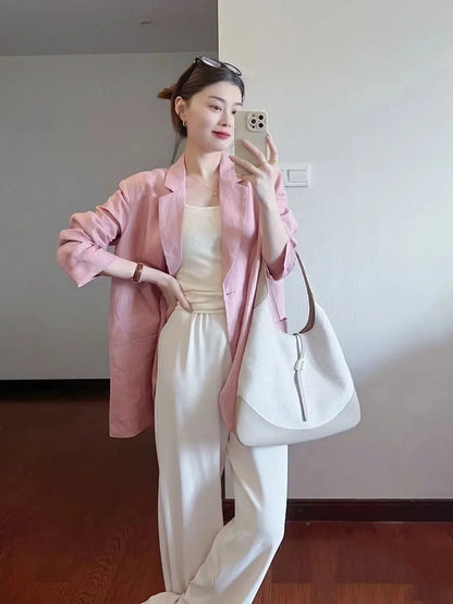 Cotton Linen Suit Jaet Women's Summer New Korean Design Casual Loose Long Sve Top Commute Sle Thin Single Button