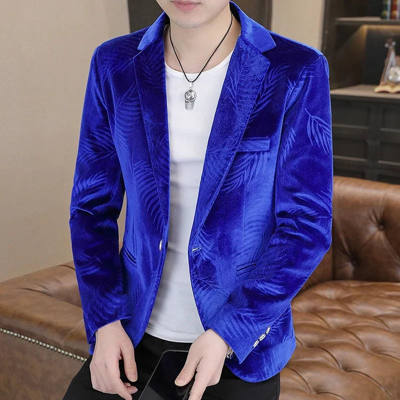 Blazer Men's Fashion Business Gentleman Groom Professional Gentleman Casual Velvet Bamboo Leaf Flower Dress High-end Blazer