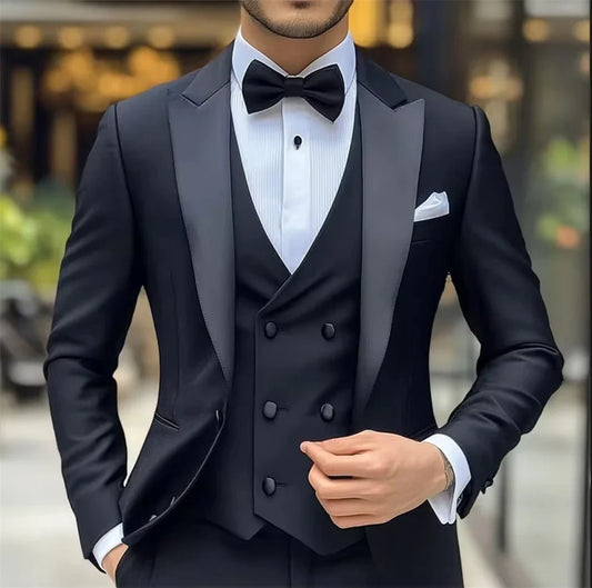 Men's 3-Piece Formal Suit Single Breasted Peak Lapel Slim Fit Tuxedo Black Wedding Outfit