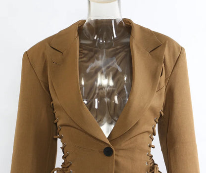Spring Autumn New Women Blazer Notched Collar Single Button Lace-Up Waist Cinching Slim Fit Elegant Fashion Jackets HK13264