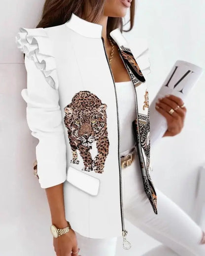 Autumn Winter Long Sleeve Print Blouse Women's Slim Fit Suit Jacket with Lace Hem Zipper Closure Fashionable Elegant Style