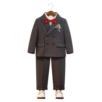 Flower Boys Wedding Outfit Kids Spring Autumn Jacket Vest Pants Bowtie Brooch 5Pieces Suit Set Children's Performance Costume