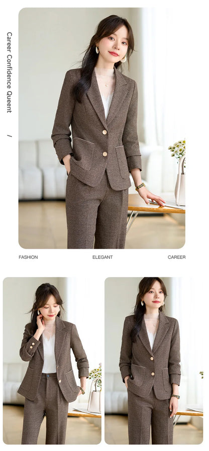 High Quality Fabric Velvet Autumn Winter Women Business Work Wear Suits Pantsuits Formal OL Styles Professional Trousers Set