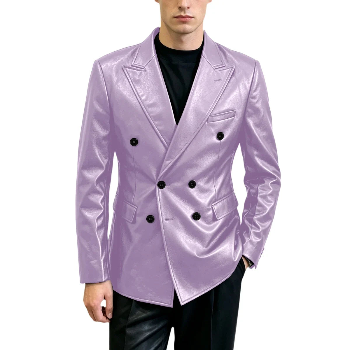 Vintage Men's Brown Leather Blazer Double Breasted Peak Lapel Slim Fit Suit Jacket High Quality Fashion Sport Coat Business Casu