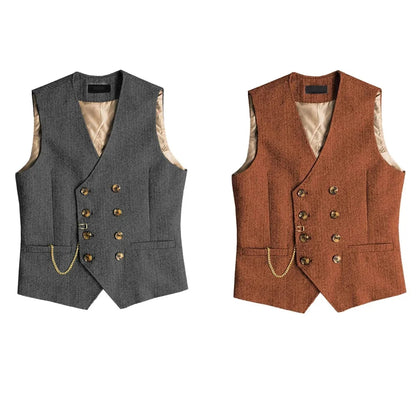 Men's Waistcoat Herringbone Double Breasted Vest for Wedding Banquet