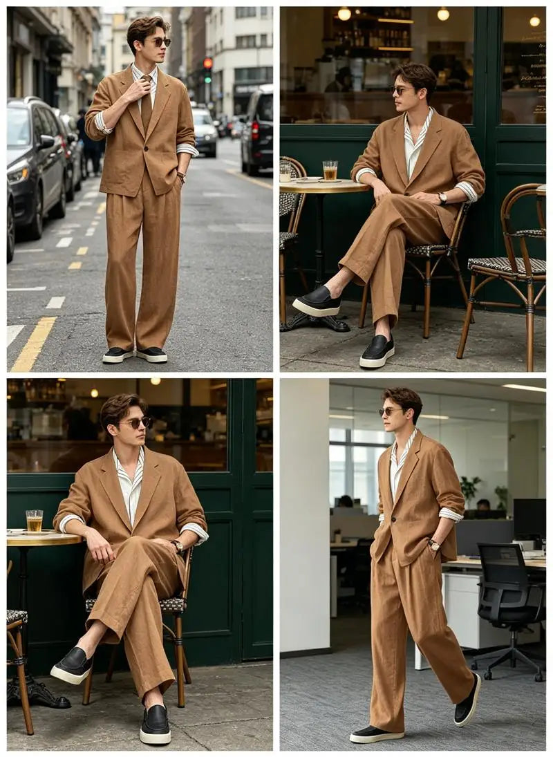 Men's Linen Blazer Suit Set Lightweight Breathable Casual Jacket Business Vacation Party Wedding Spring Summer Autumn Daily Wear