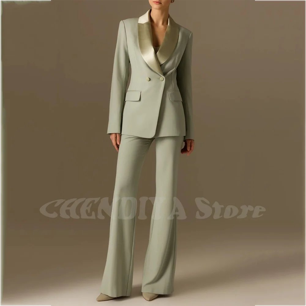 Classic Shawl Lapel Suit For Women Elegant Double Breasted Outfit Solid Color Two Piece Straight Modern Style Office Wear