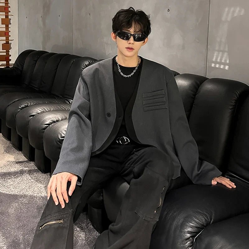 Color Contrast Fake Two Piece Design Handsome Korean Blazer Jacket Men Stylish Elegant V Neck Casual Male Clothes JY5226
