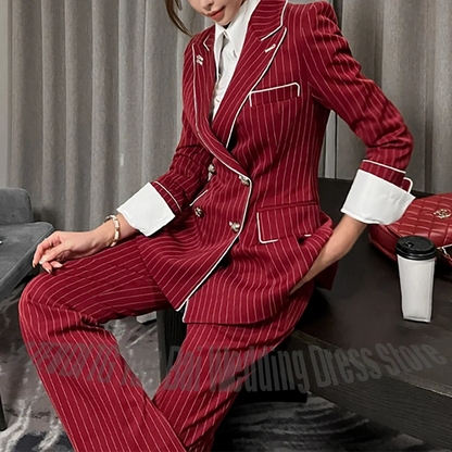 New Design Striped Suit For Women Double Breasted Peak Lapel 2 Pieces White Piping Trim Modern Style Elegant Outfit Jacket Pants