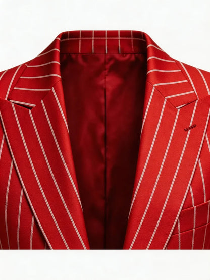 Men's Luxury Red Vertical Stripe Suit Jacket, Vintage Slim Fit Pinstripe Tuxedo Blazer, High-End Avant-Garde Formal Wedding Groo