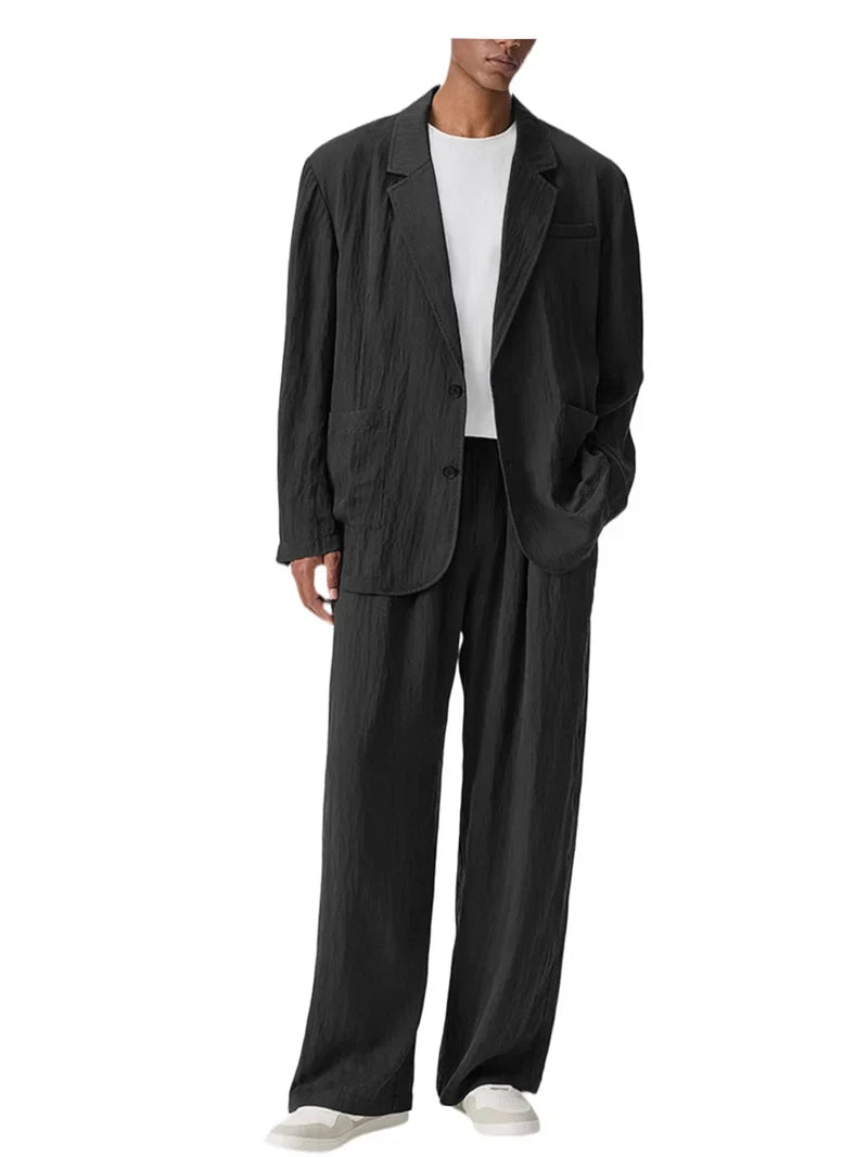 Men's Linen Blend Wrinkled Two Piece Suit Loose Two Button Blazer Wide Leg Trousers Casual Vacation Daily Soft Breathable Outfit