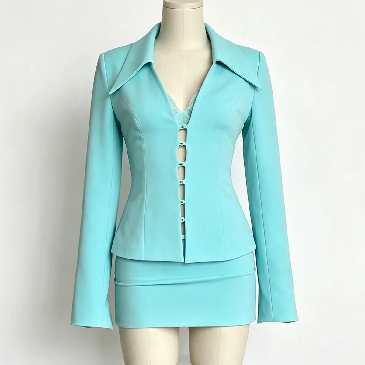 2026 New2Pcs Outfit, Slim Cut Deep V Blazer+Mini Skirt, Structured Shoulder, Elegant Suit for Club Date Cocktail Party