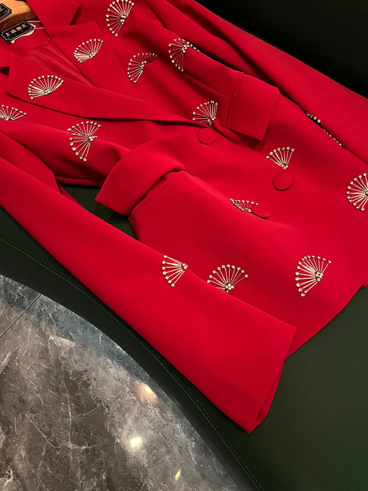 Elegant Embroidered Suit Women's Slim Fit Red Outerwear Jacket Heavy Embroidery Waist-Cinching Fashionable Summer New Arrival