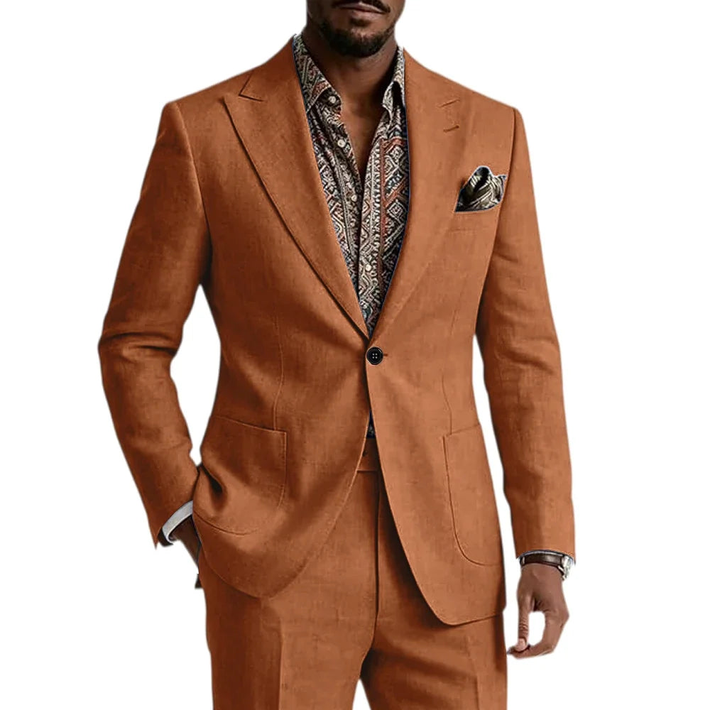 Men's Linen Blend Suit 2 Pieces Set Solid Color Peak Lapel Slim Fit One Button Jacket Pants Formal Outfit Wedding Business Casua
