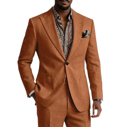 Men's Linen Blend Suit 2 Pieces Set Solid Color Peak Lapel Slim Fit One Button Jacket Pants Formal Outfit Wedding Business Casua