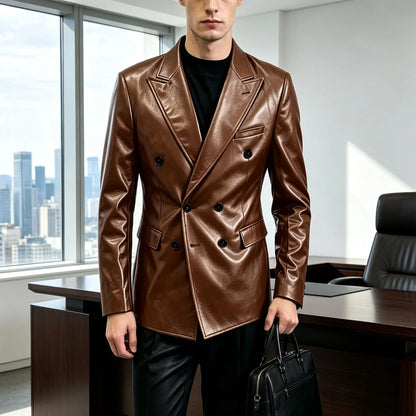Vintage Men's Brown Leather Blazer Double Breasted Peak Lapel Slim Fit Suit Jacket High Quality Fashion Sport Coat Business Casu