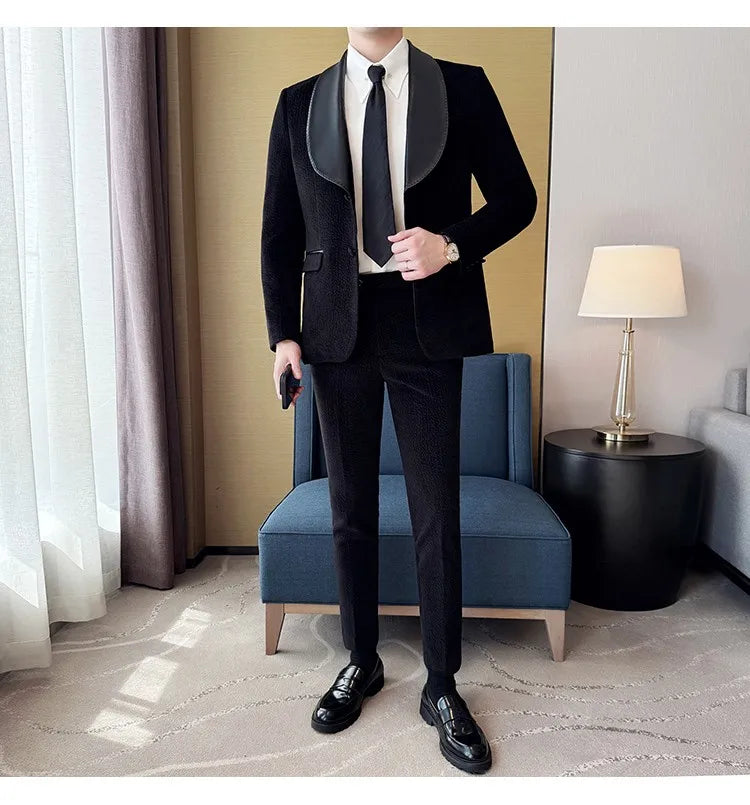 British Style PU Patchwork Suit for Men Casual Business Wedding Suits 2 Pieces Set (jacket+pant) Office Work Party Prom Suit