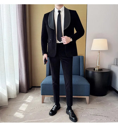 British Style PU Patchwork Suit for Men Casual Business Wedding Suits 2 Pieces Set (jacket+pant) Office Work Party Prom Suit