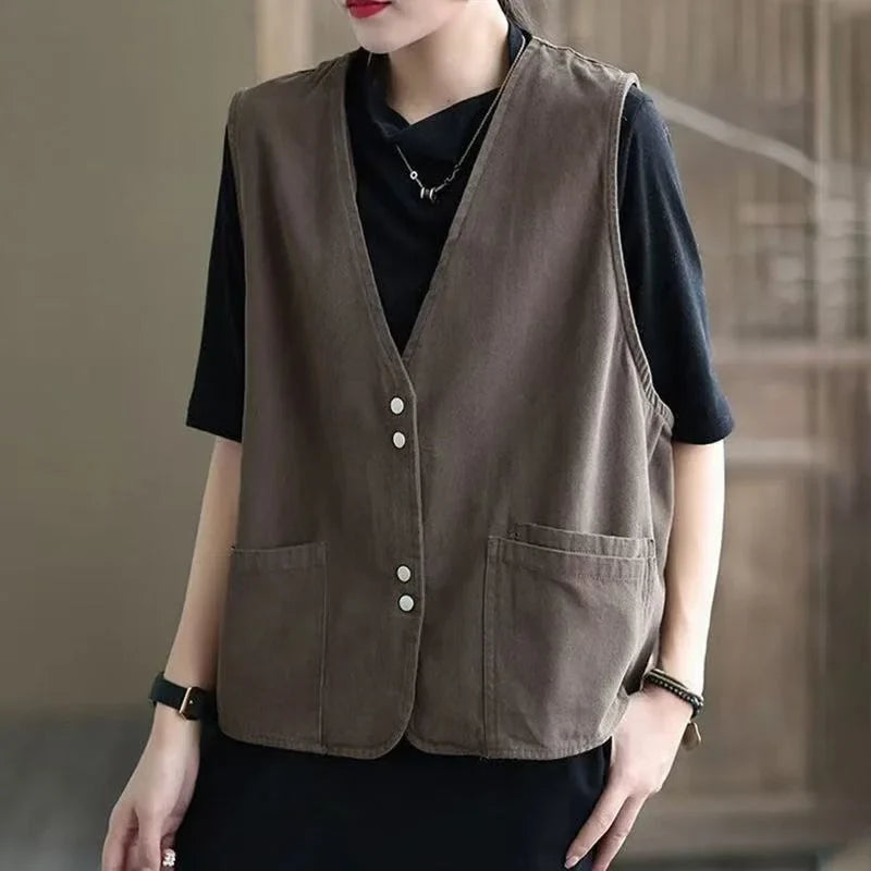 Korean Ladies Solid Color Casual Sleeveless Jacket Autumn Women V-neck Loose Waistcoat Coat Spring Female Fashion Vest Outwear