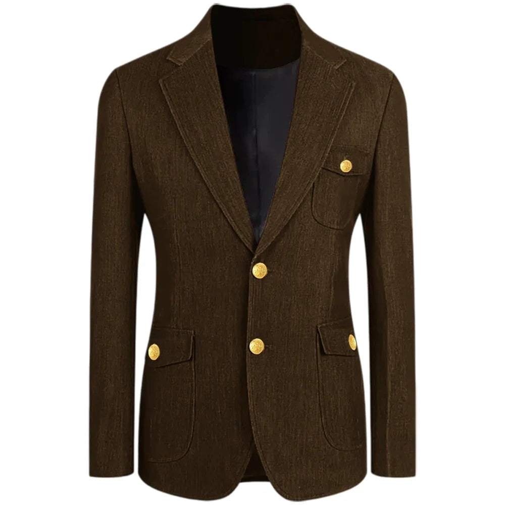 Men's Denim Suit Jacket Classic Notched Lapel Slim Fit Gold Buttons Multiple Pockets Formal Blazer Business Casual Daily Wear