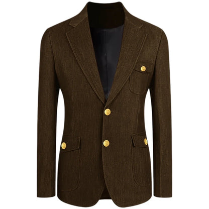 Men's Denim Suit Jacket Classic Notched Lapel Slim Fit Gold Buttons Multiple Pockets Formal Blazer Business Casual Daily Wear
