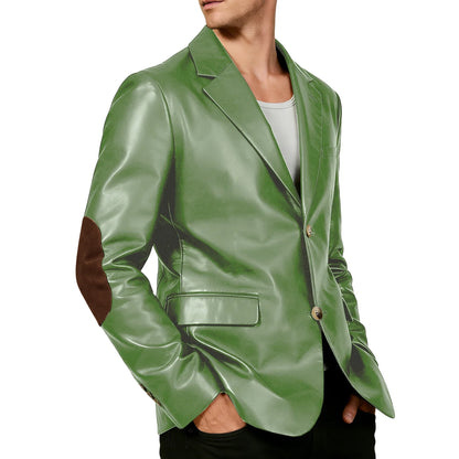 Men's Shiny Leather Blazer with Suede Elbow Patches Slim Fit 2-Button Notch Lapel Suit Jacket Streetwear Casual Party Sport Coat