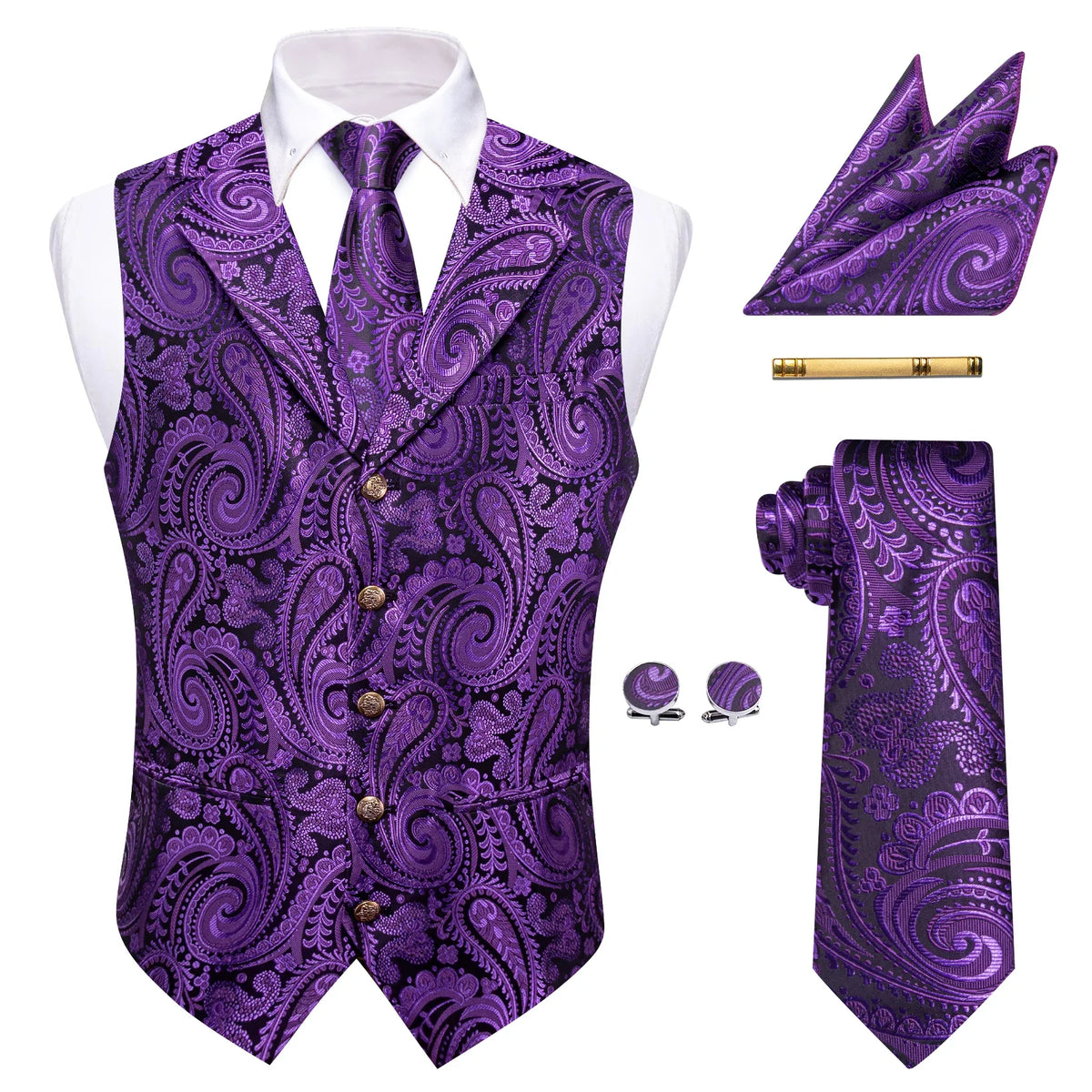 Men's Paisley Waistcoat Vest with Tie Hanky Cufflinks Set for Wedding and Banquet