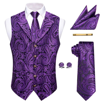 Men's Paisley Waistcoat Vest with Tie Hanky Cufflinks Set for Wedding and Banquet