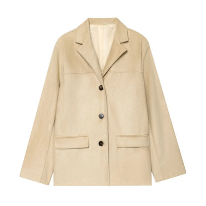 Spring Autumn New Women's Blazer Notched Collar Single Breasted Faux Suede American Retro Office Lady Elegant Coats HK15865