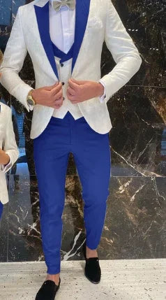 Groom White Floral Men Suits Tuxedo Slim Fit Wedding Suits Groom Full Wedding Gentleman Costume 3 Pieces (Jacket+Vest+Pants)
