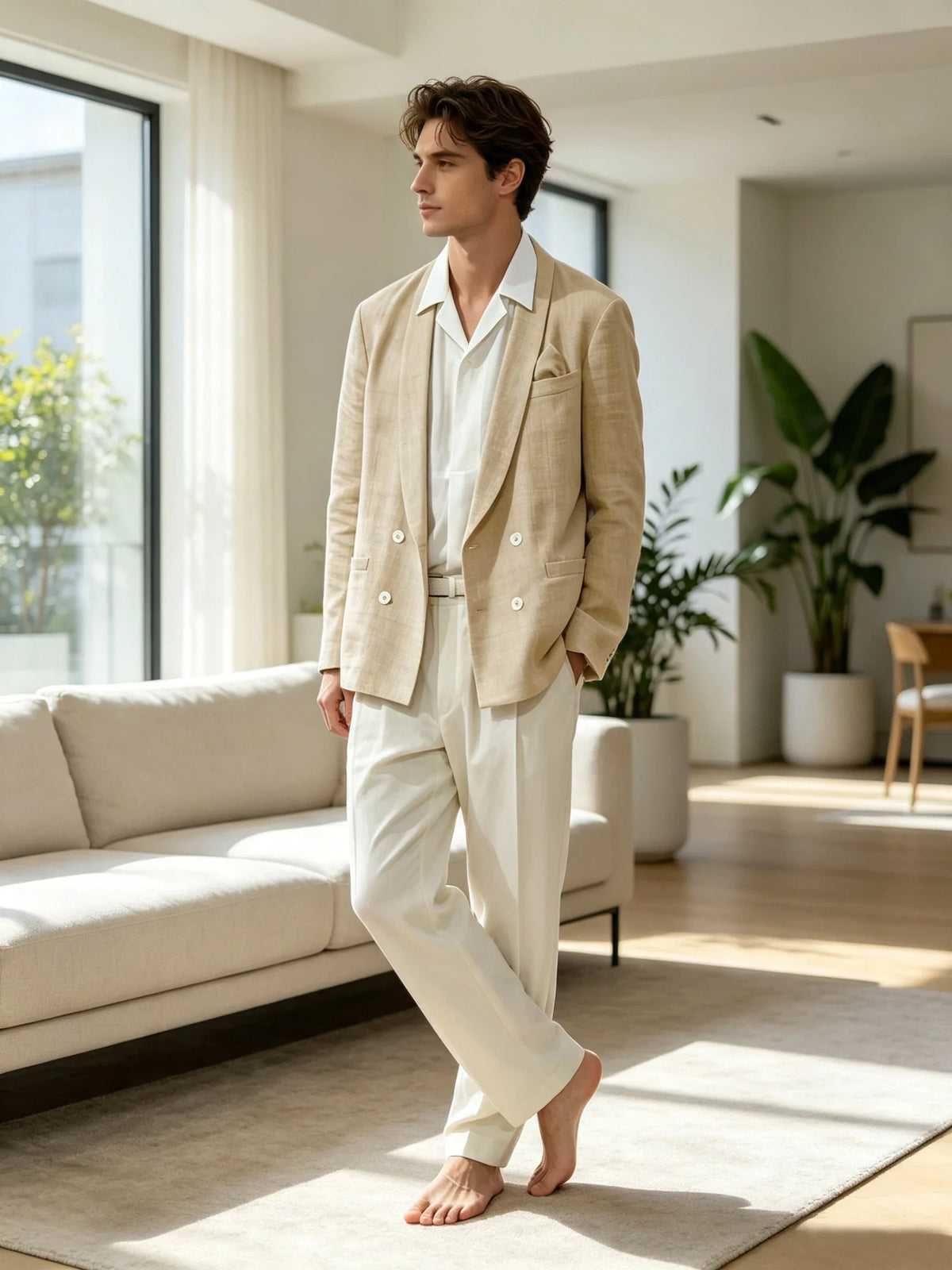 Summer Cotton Linen Blend Men Blazer Double Breasted Casual Suit Jacket Lightweight Soft Elegant Dress Coat For Prom Work Party
