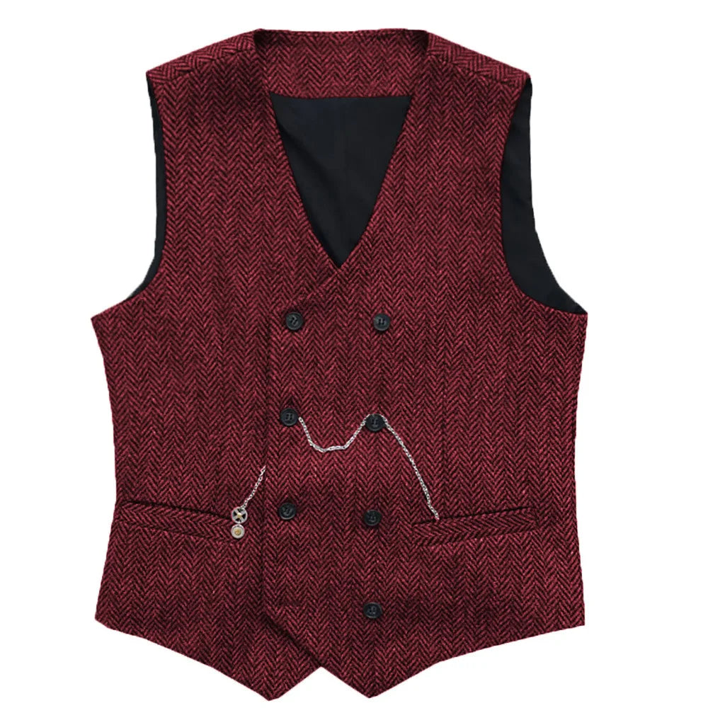 Men's Herringbone Suit Vest Double Breasted Waistcoat for Weddings and Business
