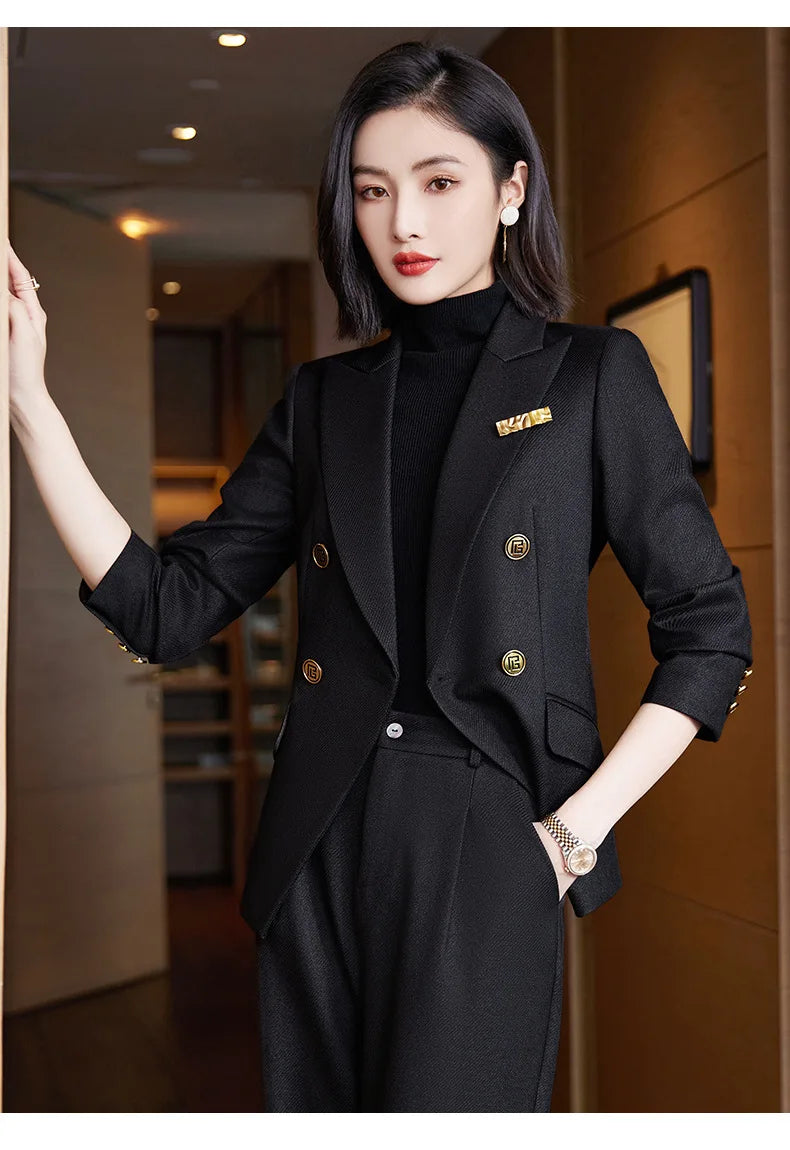 Elegant Women's Double Breasted Blazer Pants Set 2025 Autumn Winter Fashion Office Work Outfit Lady Matching Set Trousers Jacket