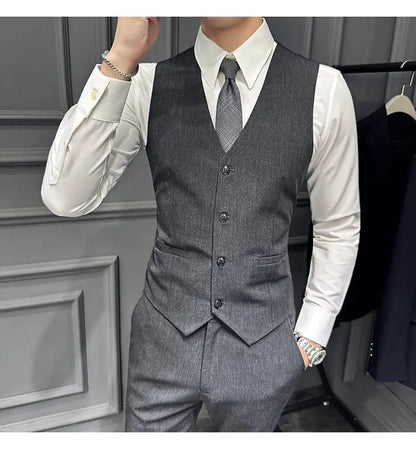 Men's 3 Piece Suit Set Double‑Button Slim Fit Solid Color Business Casual Wedding Party Jacket Vest Pants Formal Outfit for Men