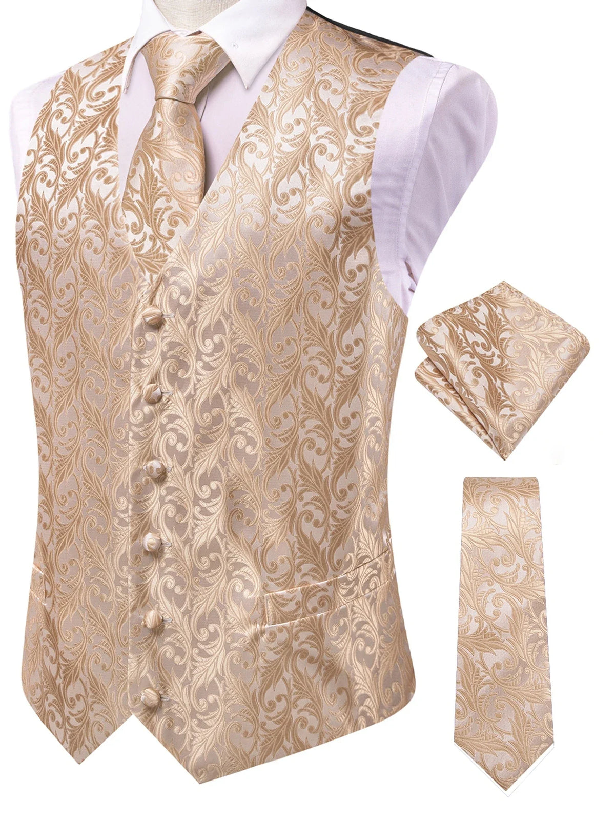 Men's Jacquard Vest 3-Piece Set – Satin Formal Waistcoat with Tie & Pocket Square for Weddings