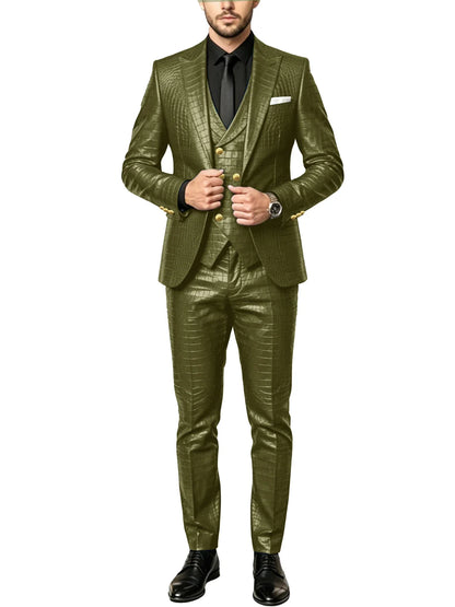 Men's 3 Piece Suit Crocodile Pattern Prime PU Leather Single Breasted Gold Buttons Slim Fit Wedding Dinner Party Formal Outfit ﻿