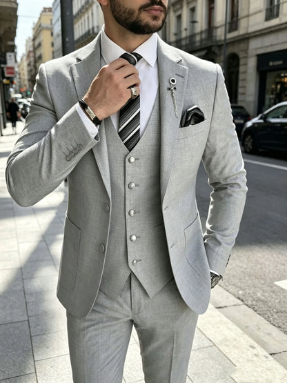 Light Gray 3-Piece Slim Fit Men's Wedding Suits Groom Tuxedo Formal Dress Suit with Blazer Pants Vest for Prom And Other Events
