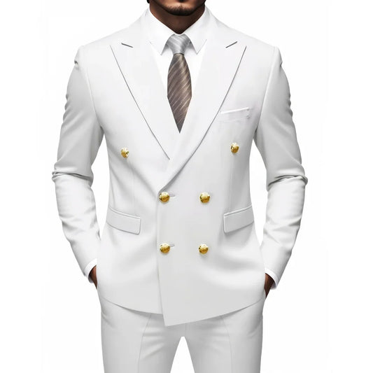 Men Suit 2 Pieces White Double Gold Button With Lapel For Wedding Groom Banquet Party Business Work Daily Jacket With Pants