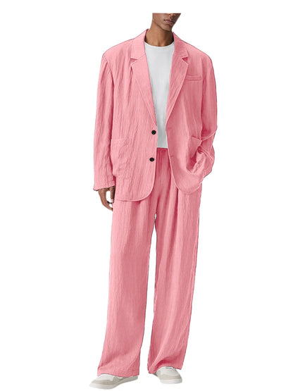 Men's Linen Blend Wrinkled Two Piece Suit Loose Two Button Blazer Wide Leg Trousers Casual Vacation Daily Soft Breathable Outfit