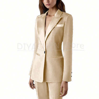 Pants Sets 2 Piece Fashion Satin Peak Lapel Single Button Solid Color Outfits Chic Casual Slim Daily Office Women's Suit
