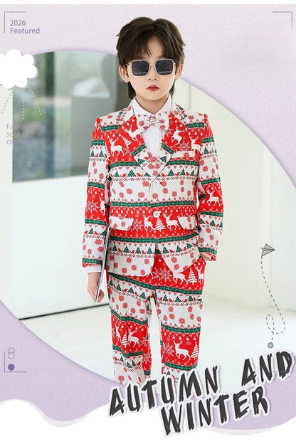 Boys Christmas Blazer Jacket Waistcoat Pants Wedding Suits Kids Morning Coat Formal Dress Children Tuxedos Toddler Clothes Sets