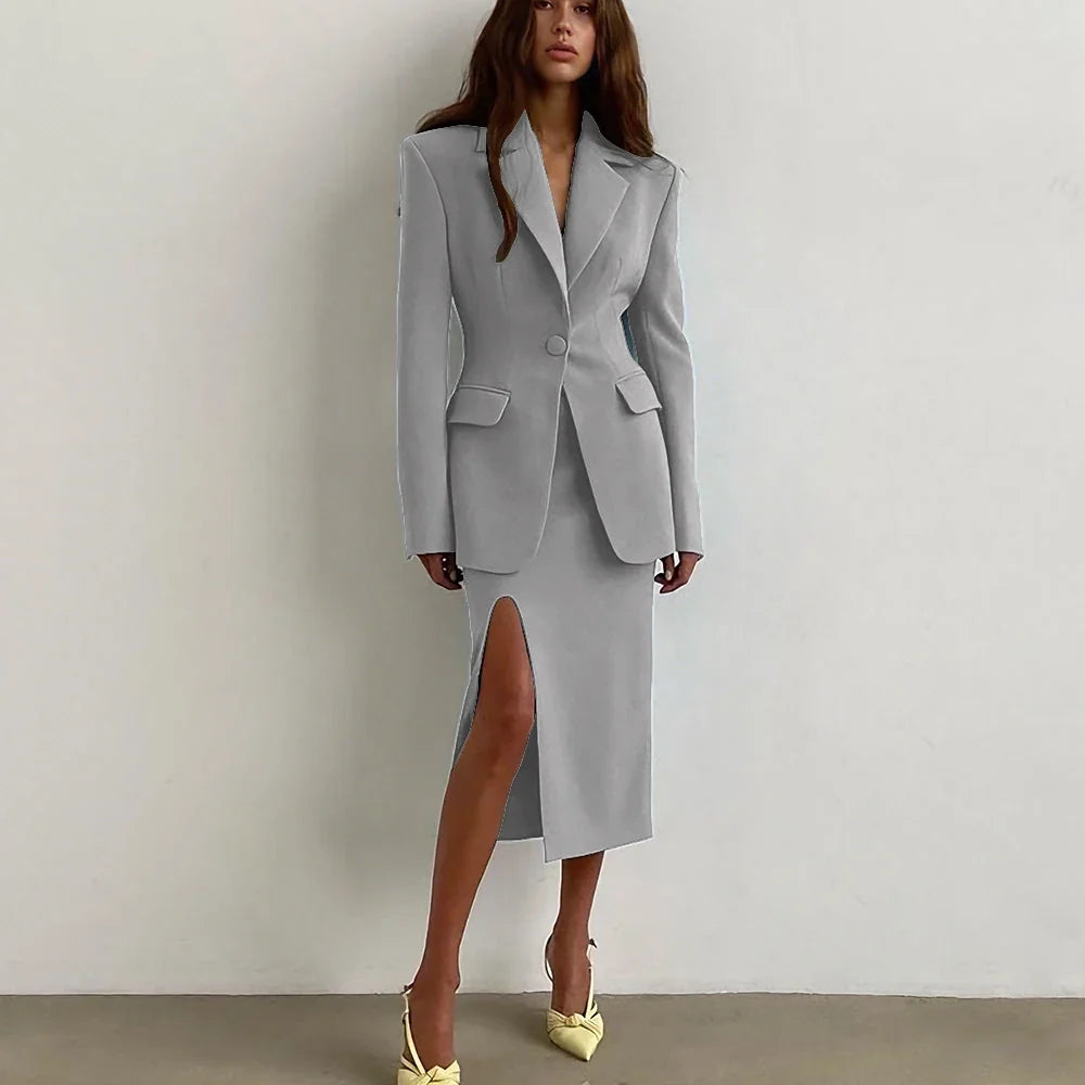 Professional Women's Single Button Notch Lapel Blazer Suit Side Slit Midi Skirt Set Elegant Party Office Fashion 2Piece Outfit