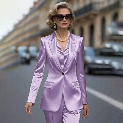 Women's Gold Satin Blazer Suit Set Stylish Single-Breasted Jacket+Pants Luxe Shiny Two-piece for Cocktail Party Wedding Guest