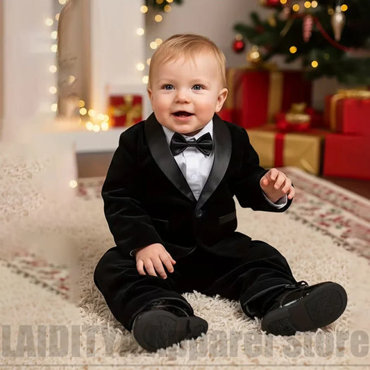 Baby Boys Black Velvet Suit Chic Satin Shawl Lapel Blazer Pants Infant Wedding Outfit Birthday Christmas Party Formal Tuxedo