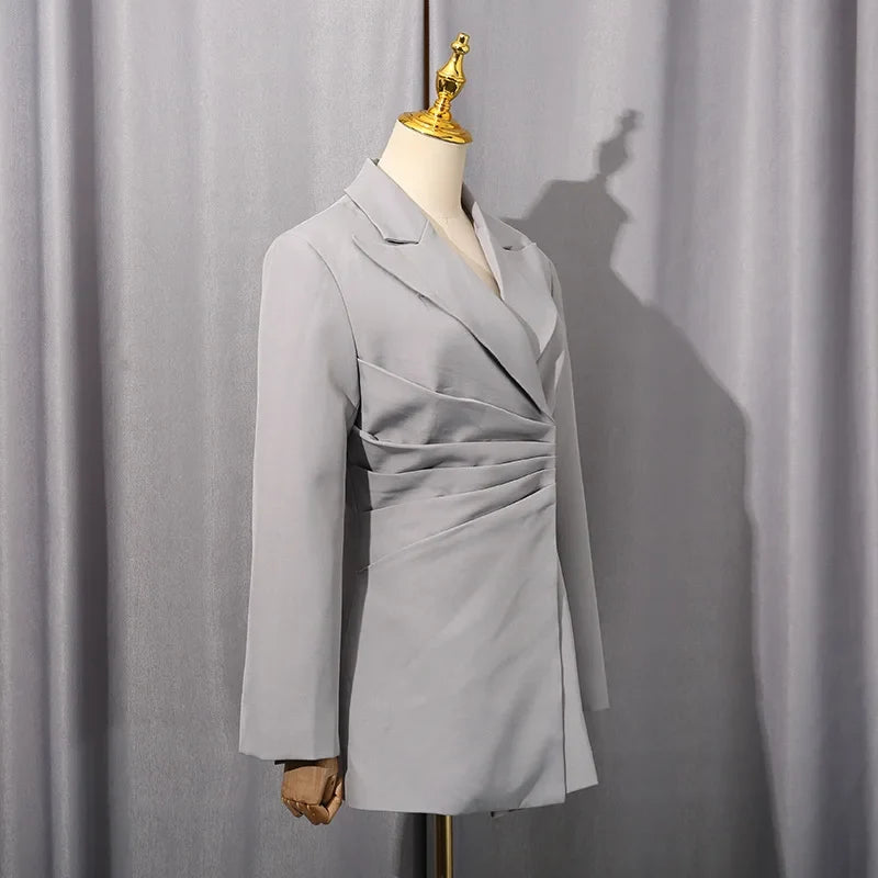 Spring Autumn New Women's Blazer Pleated Waist Cinching Slim Fit Solid Color Elegant Fashion Office Lady Trend Coat HK15496