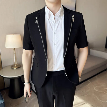 2023 Summer Zipper Decoration Blazers Men Casual Business Suit Jacket Slim Fit 3/4 Sleeve Streetwear Social Jacket Men Clothing