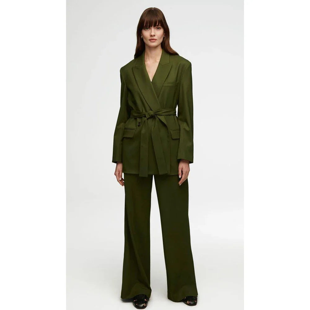 Fashionable Belt Design Green Women Pants Set High-end Female Two Pieces(Jacket+Trousers)أطقم بناطيل