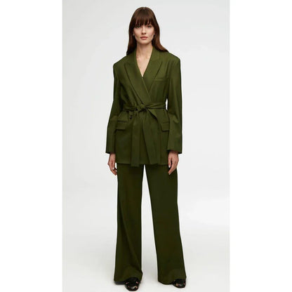 Fashionable Belt Design Green Women Pants Set High-end Female Two Pieces(Jacket+Trousers)أطقم بناطيل
